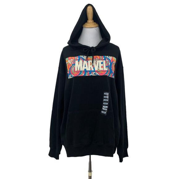 Marvel Hoodie Womens L Large Black Patch Logo Pullover Fleece Sweatshirt New - Picture 1 of 15